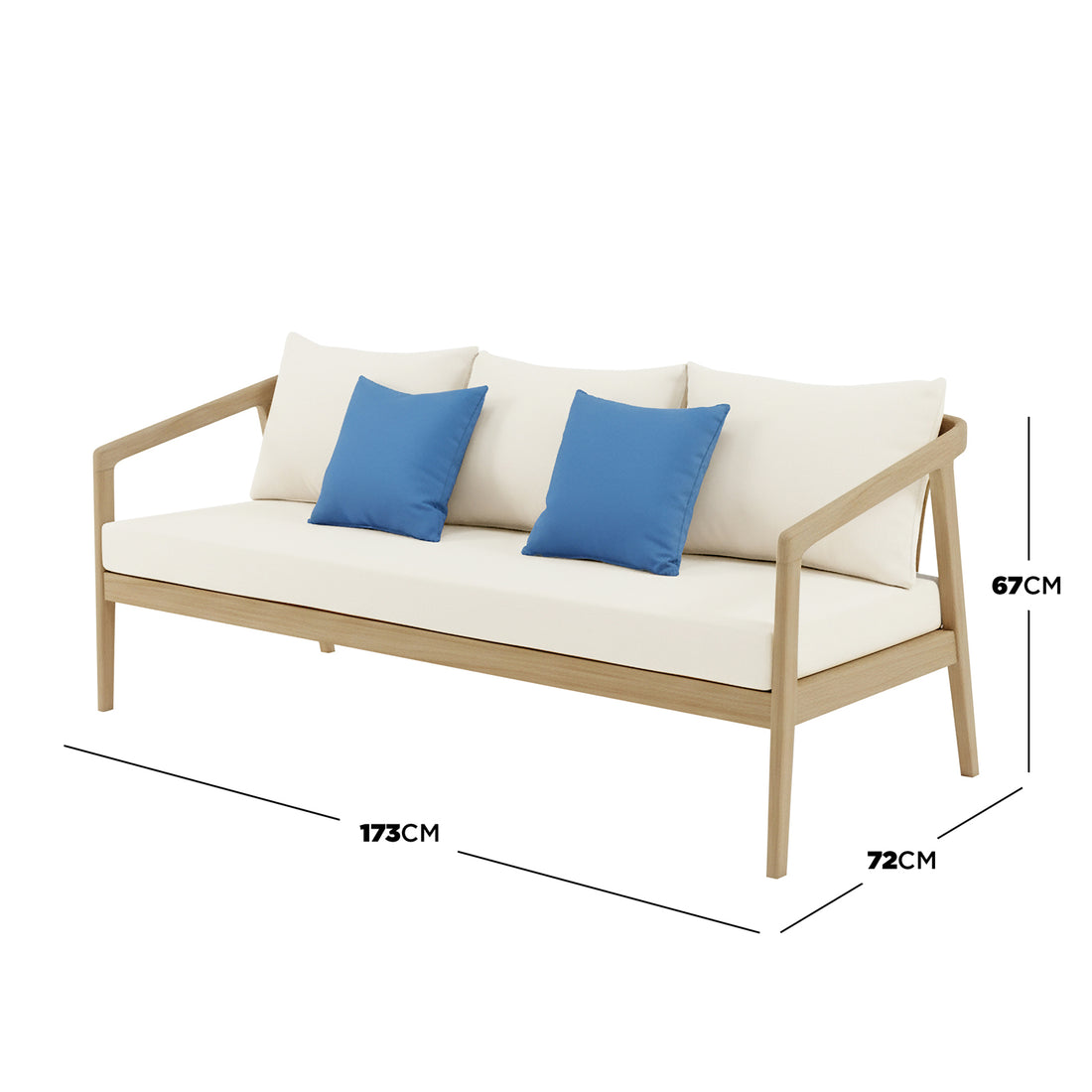 Delva 4 Seater Hardwood Acacia Outdoor Sofa Set in Cream, featuring a light wood frame and cream upholstery with blue throw pillows, showcases a modern design with dimensions 173x72x67 cm.