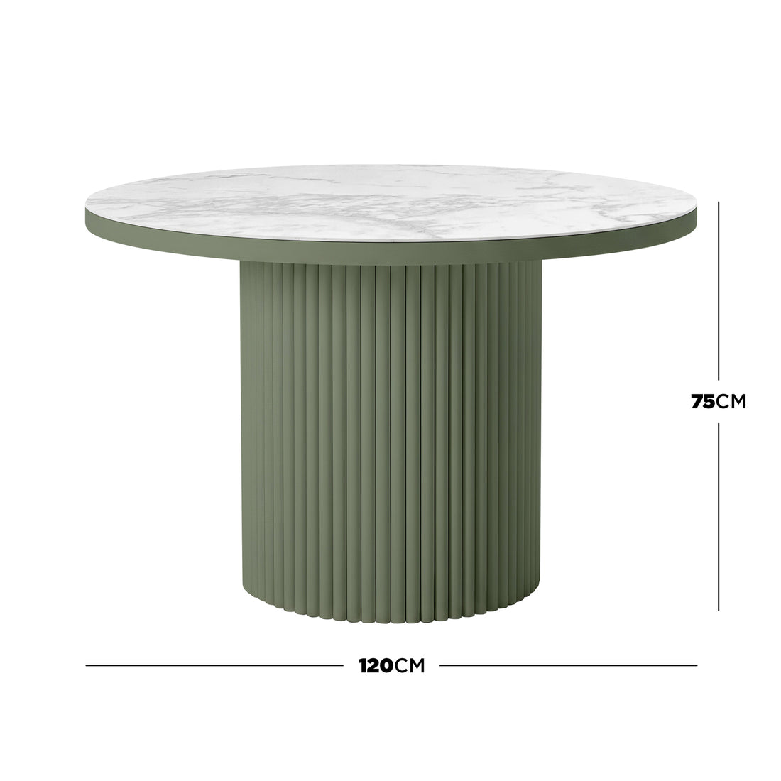 Evone 4 Seater Stone Outdoor Dining Table Set in Green, featuring a round white marble-effect tabletop with a fluted green base, offering a modern, compact design for alfresco dining.
