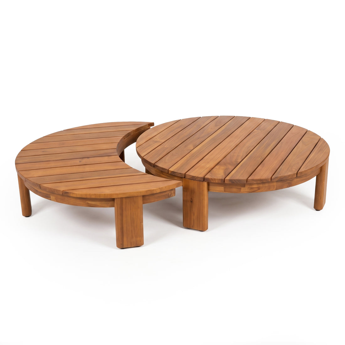 Nested circular and crescent wooden coffee tables on a white background.