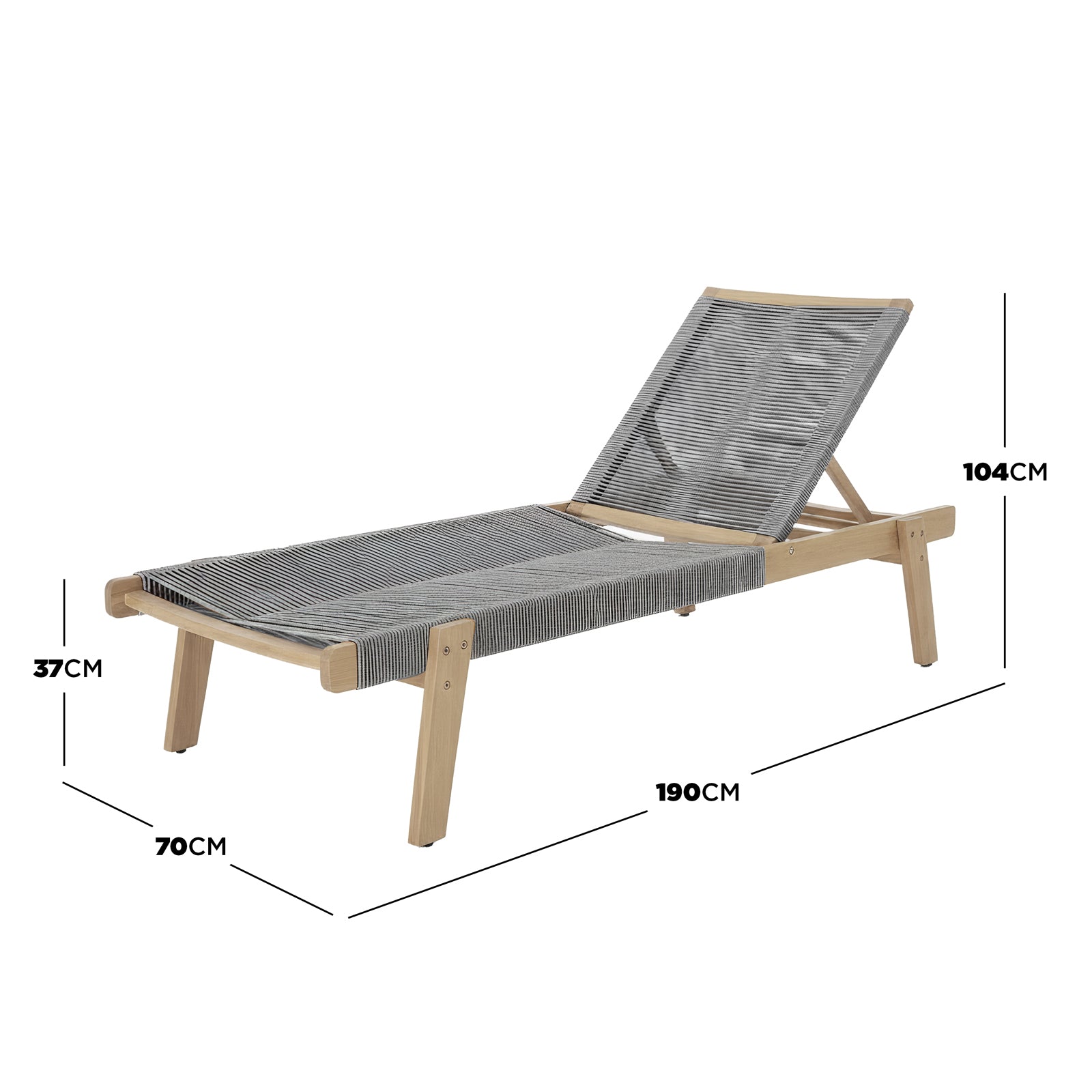 Aureli Hardwood Acacia Reclining Sun Lounger in Light Grey features a wooden frame with an adjustable backrest and a woven seating surface, designed for outdoor comfort and style.