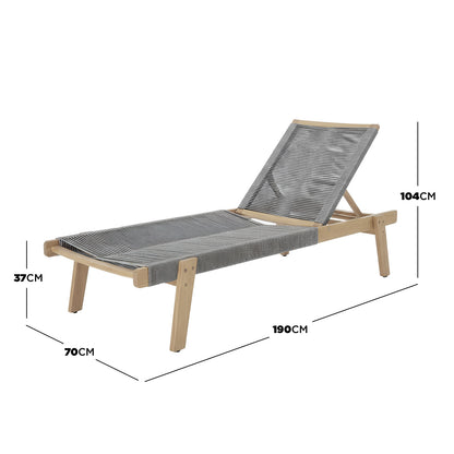 Aureli Hardwood Acacia Reclining Sun Lounger in Light Grey features a wooden frame with an adjustable backrest and a woven seating surface, designed for outdoor comfort and style.