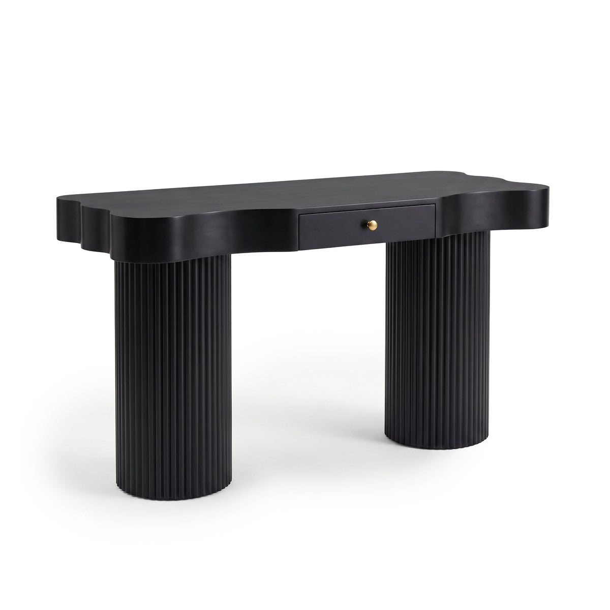 Black modern console table with wavy-edged top and fluted pillar legs on a white background