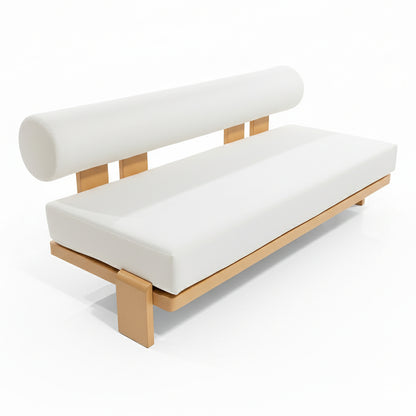 Modica 5 Seater Aluminium Outdoor Sofa Set in White features a minimalist wooden frame with a thick rectangular seat cushion and cylindrical bolster backrest, set against a plain background.