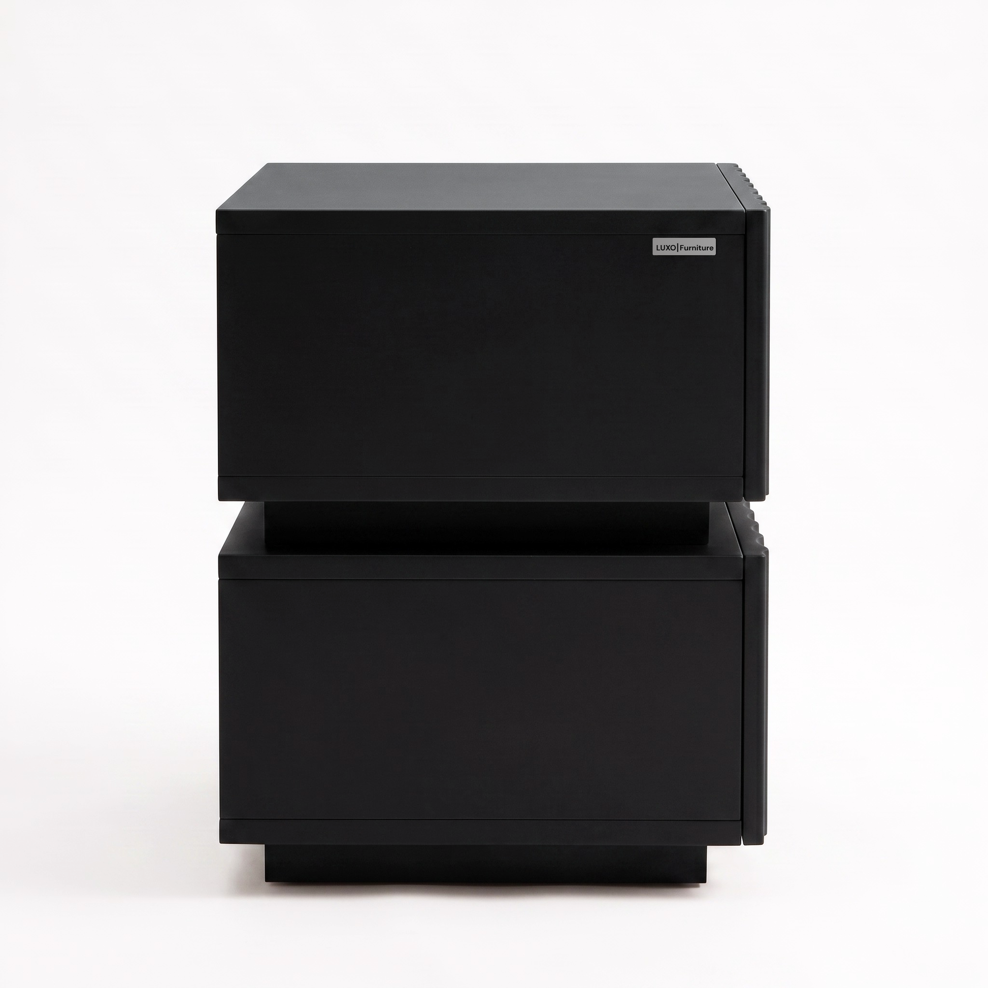 Modern black two-drawer cabinet on a white background.