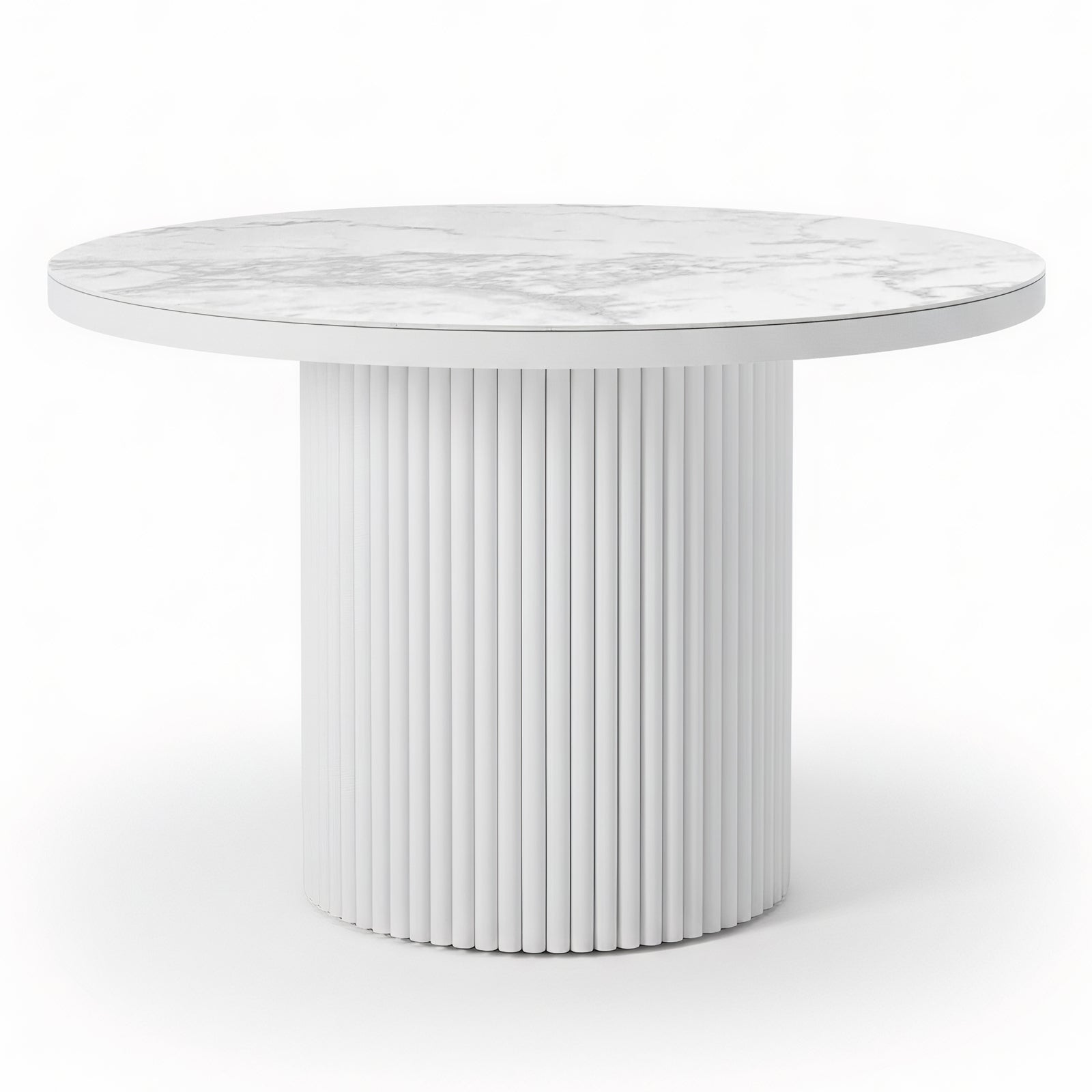 Evone 4 Seater Stone Outdoor Dining Table Set in Natural features a round pedestal table with a white fluted base and a marble-look circular top, perfect for alfresco dining.