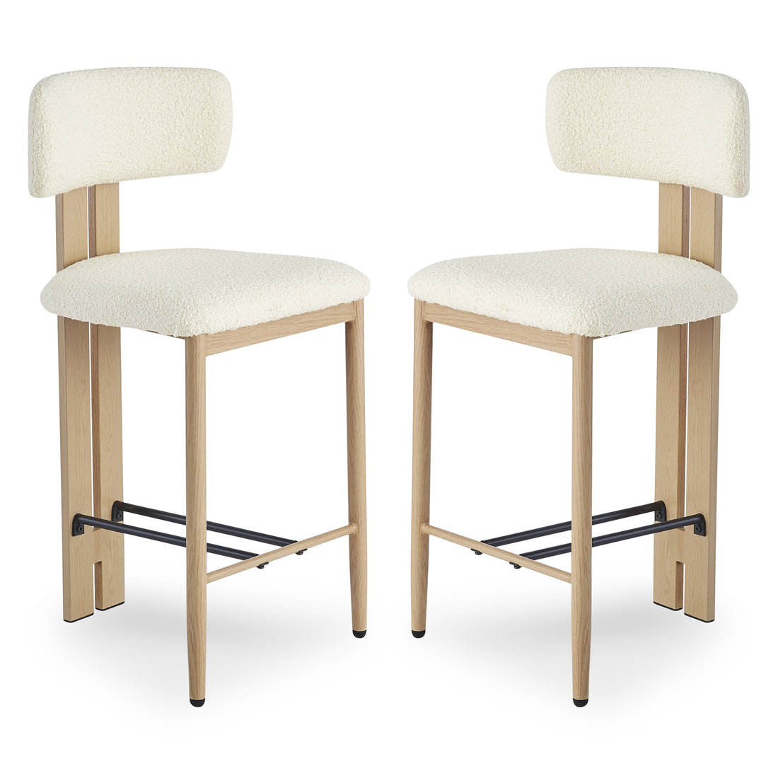 Haleo Curved Boucle Fabric Barstool Set of 2 in Cream White features backless design, light-oak legs, black metal footrest, and padded ivory boucle seats with low curved backs for comfort.