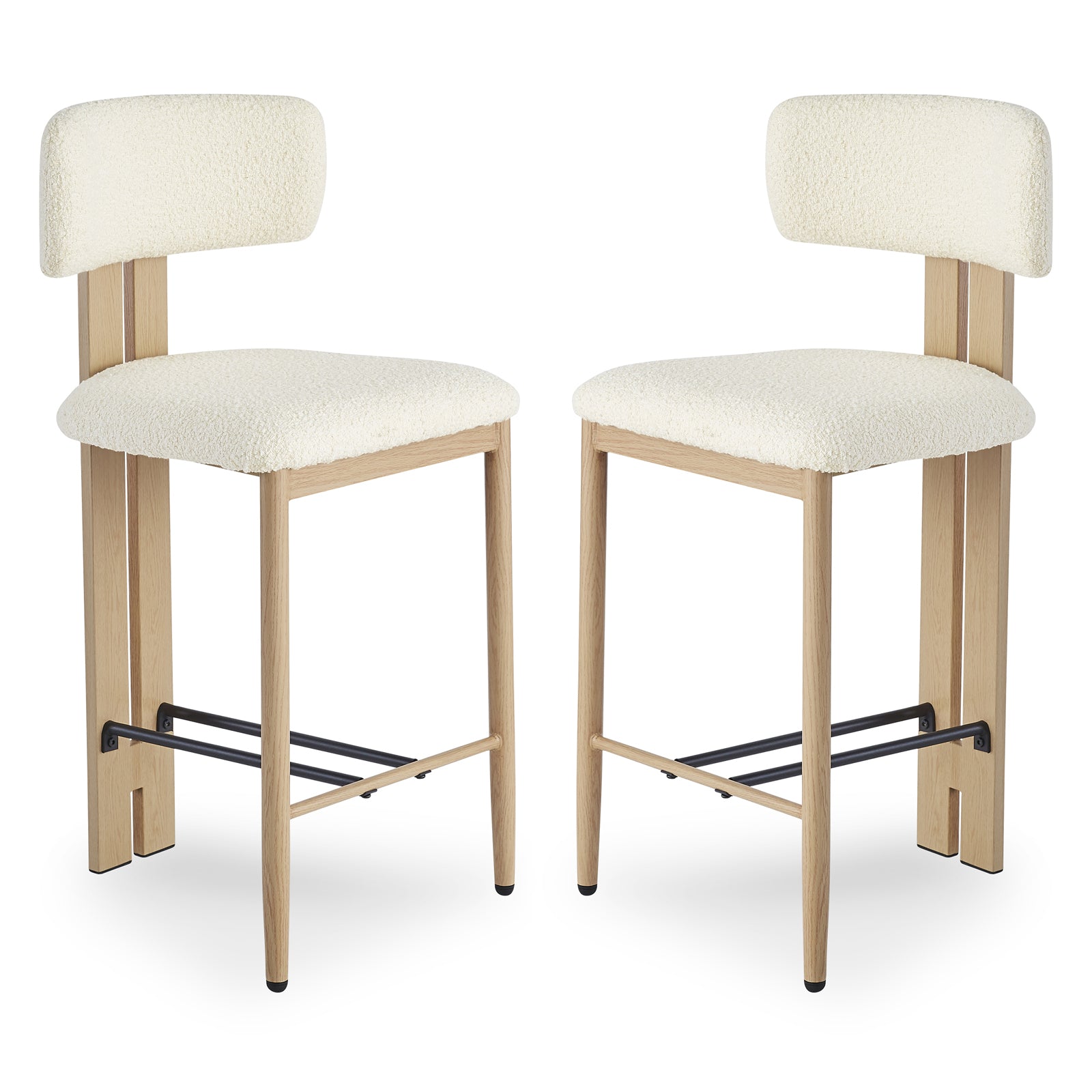 Haleo Curved Boucle Fabric Barstool Set of 2 in Cream White features backless design, light-oak legs, black metal footrest, and padded ivory boucle seats with low curved backs for comfort.