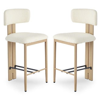 Haleo Curved Boucle Fabric Barstool Set of 2 in Cream White features backless design, light-oak legs, black metal footrest, and padded ivory boucle seats with low curved backs for comfort.