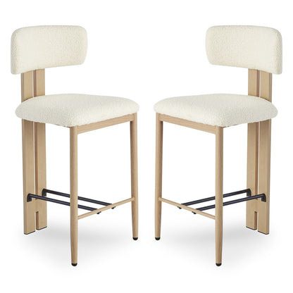 Haleo Curved Boucle Fabric Barstool Set of 2 in Cream White features backless design, light-oak legs, black metal footrest, and padded ivory boucle seats with low curved backs for comfort.