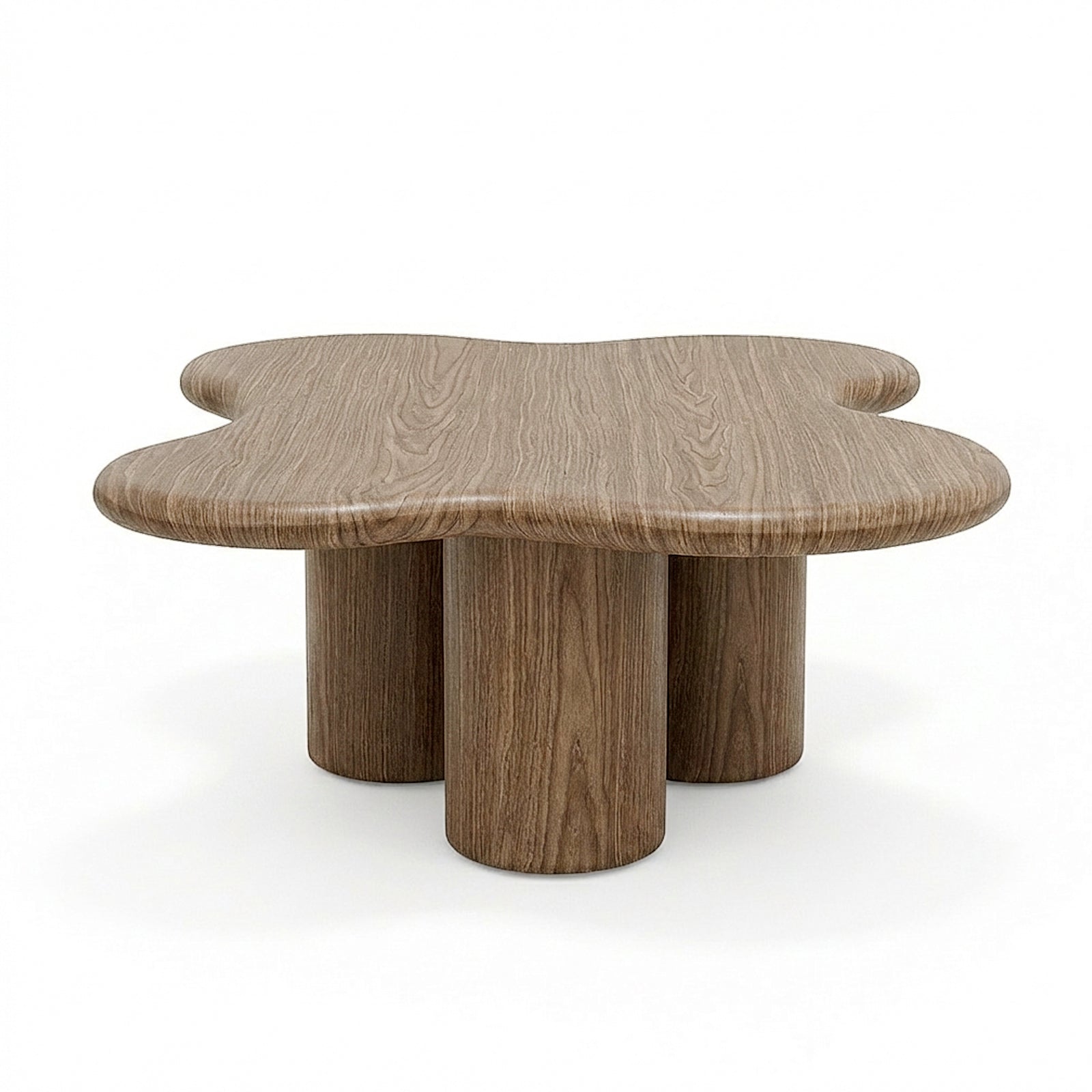 Organic clover-shaped wooden coffee table on white background