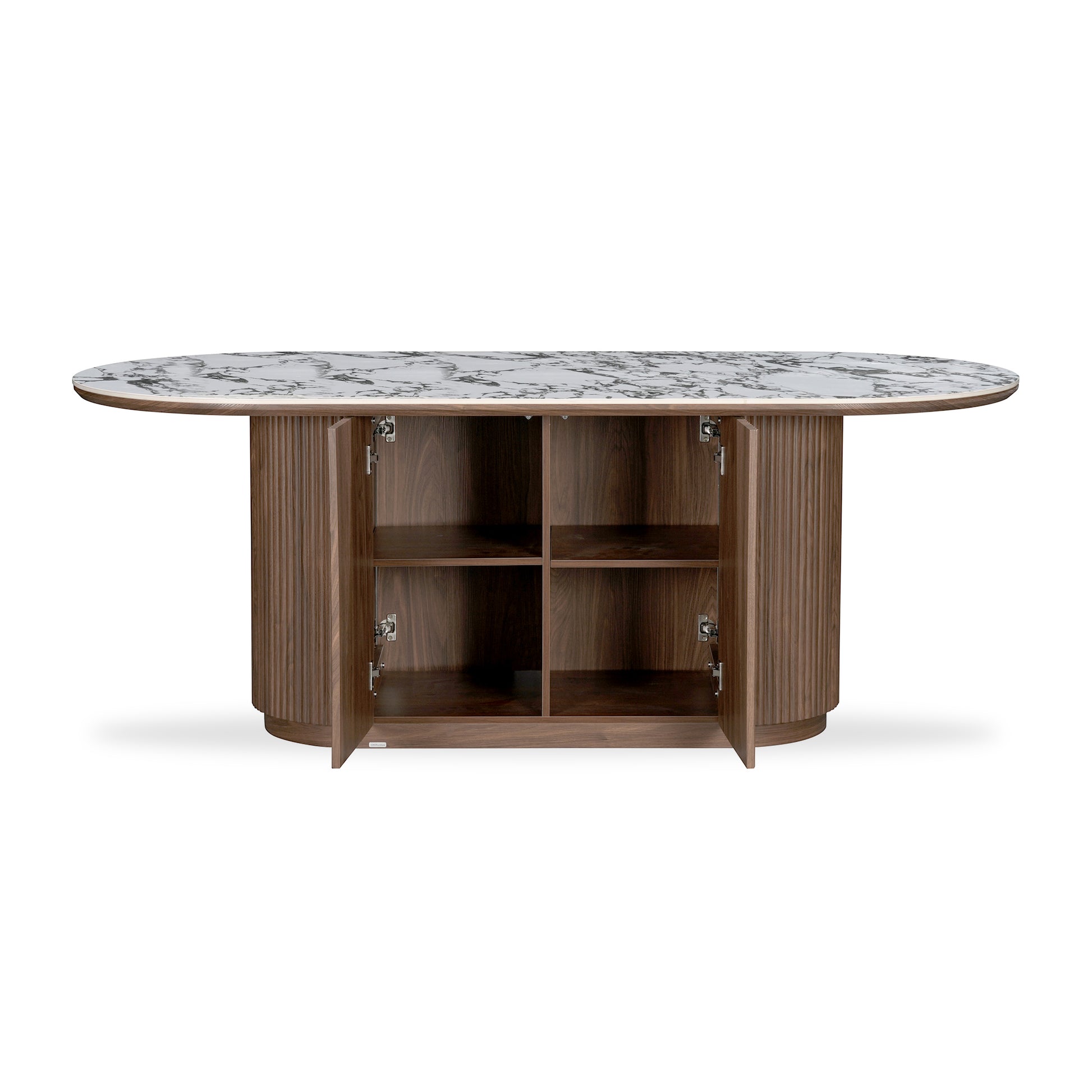 Oval marble-top table with wooden storage base on white background