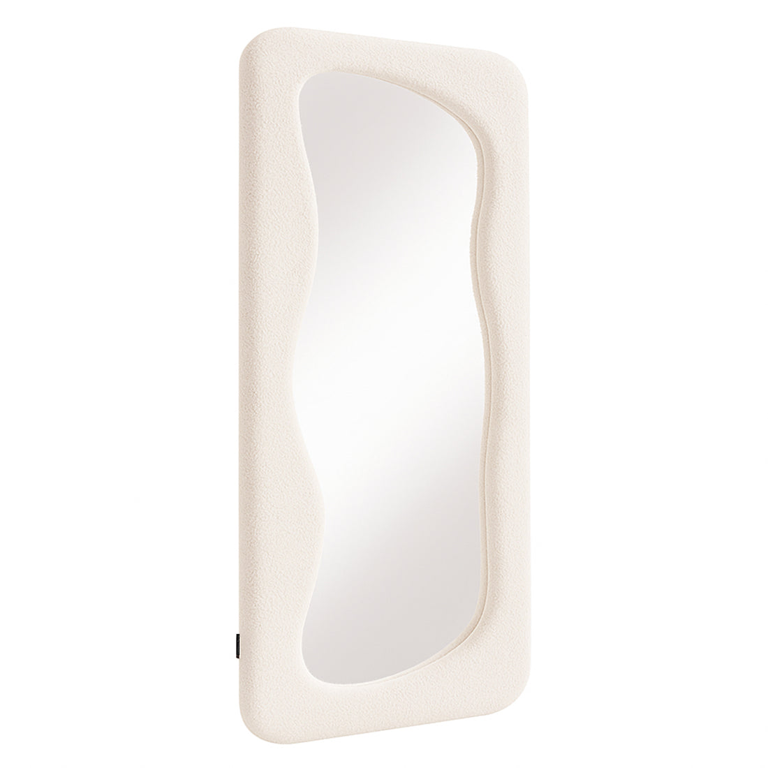 Sabrina 180cm Curved Full Length Mirror in Beige features an organic-shaped reflective surface set in a soft-textured, off-white padded frame, perfect for enhancing modern interiors with elegance and practicality.