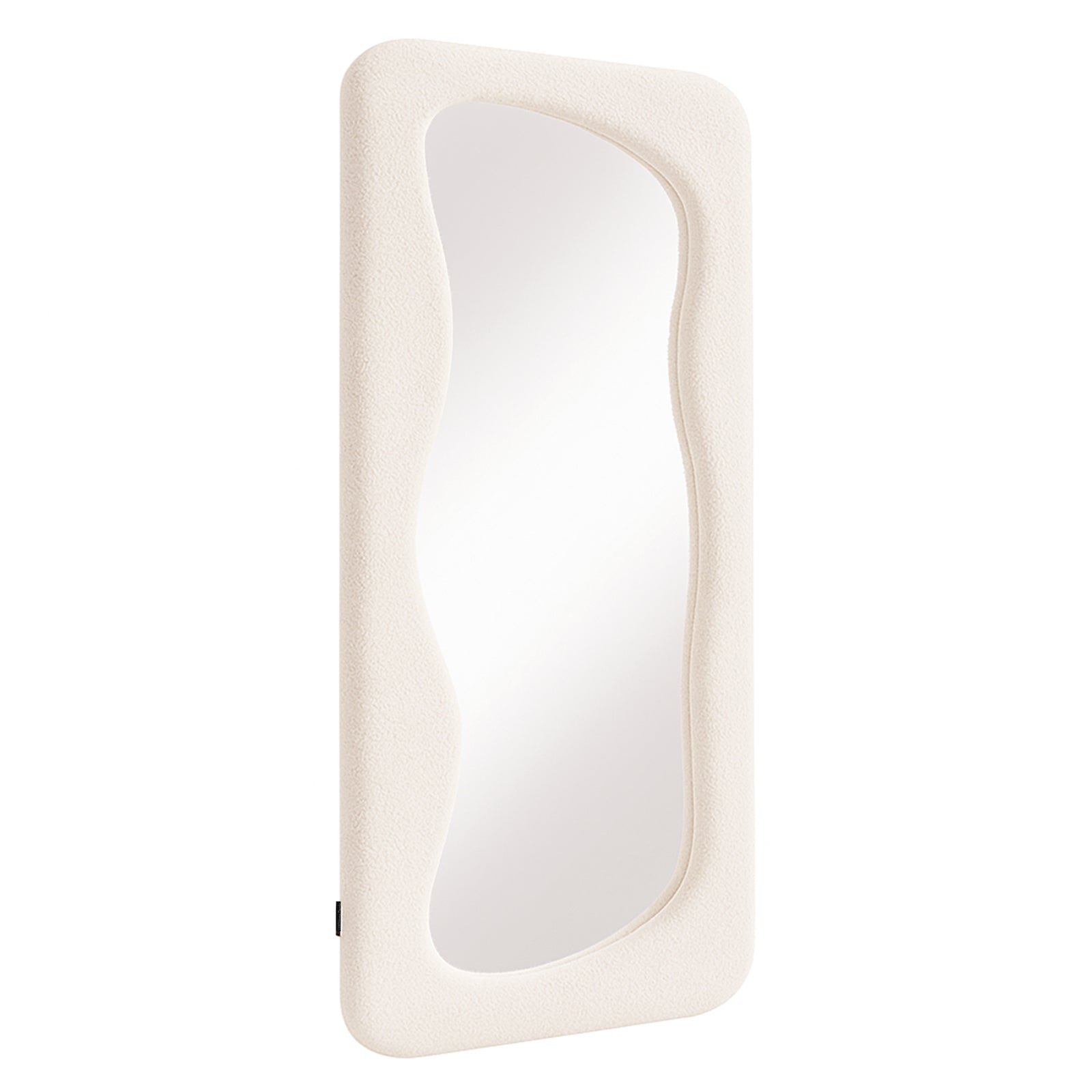 Sabrina 180cm Curved Full Length Mirror in Beige features an organic-shaped reflective surface set in a soft-textured, off-white padded frame, perfect for enhancing modern interiors with elegance and practicality.