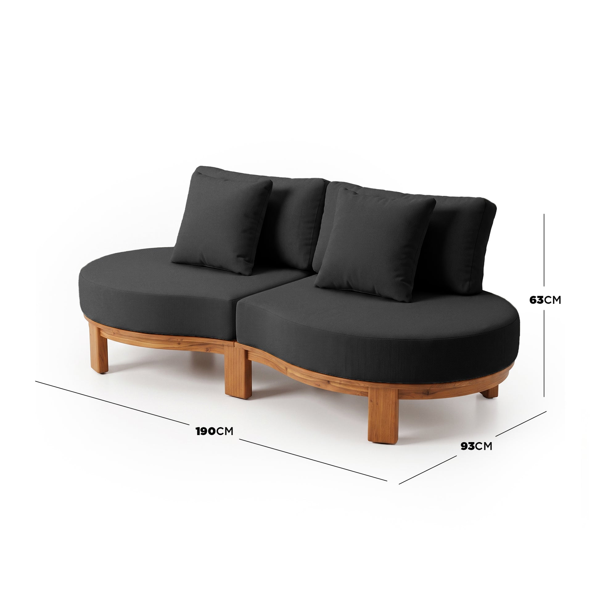 Two-seater sofa on white background with dimensions labeled 190cm by 93cm by 63cm