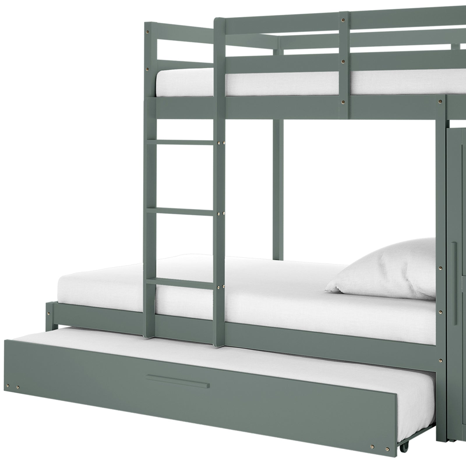 Aron Single Storage Bunk Bed with Trundle in Green features a two-level bunk with side ladder and pull-out trundle, each with white mattresses, ideal for space-saving and accommodating guests.