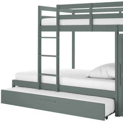 Aron Single Storage Bunk Bed with Trundle in Green features a two-level bunk with side ladder and pull-out trundle, each with white mattresses, ideal for space-saving and accommodating guests.