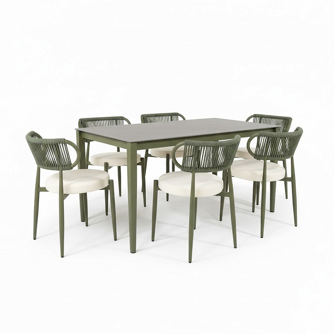 Cabria 7 Piece Sintered Stone Outdoor Dining Set in Green features a grey table with slim metal legs, surrounded by six chairs with woven rope backrests and upholstered seats.