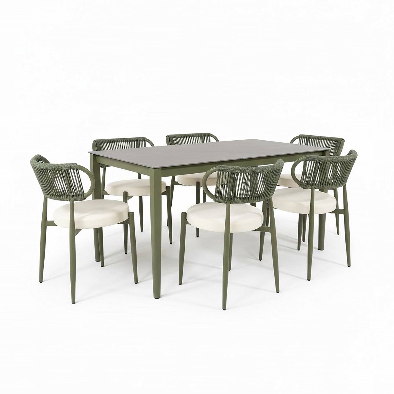 Cabria 7 Piece Sintered Stone Outdoor Dining Set in Green features a grey table with slim metal legs, surrounded by six chairs with woven rope backrests and upholstered seats.