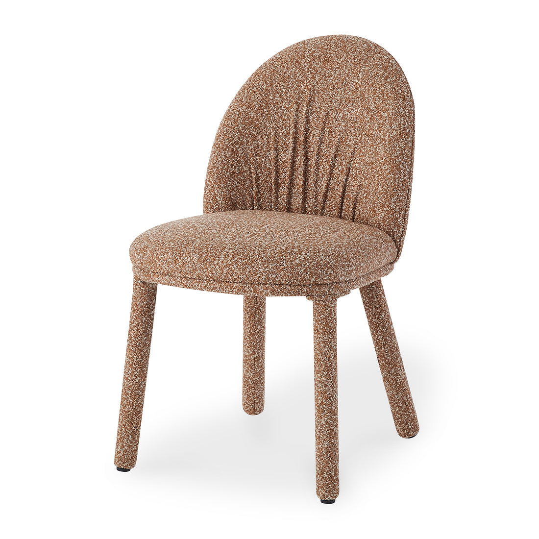 Joren Boucle Arched Dining Chair Set of 2 in Coral features a rounded backrest and circular seat in speckled brown boucle fabric, with splayed legs also wrapped in the same textured material.