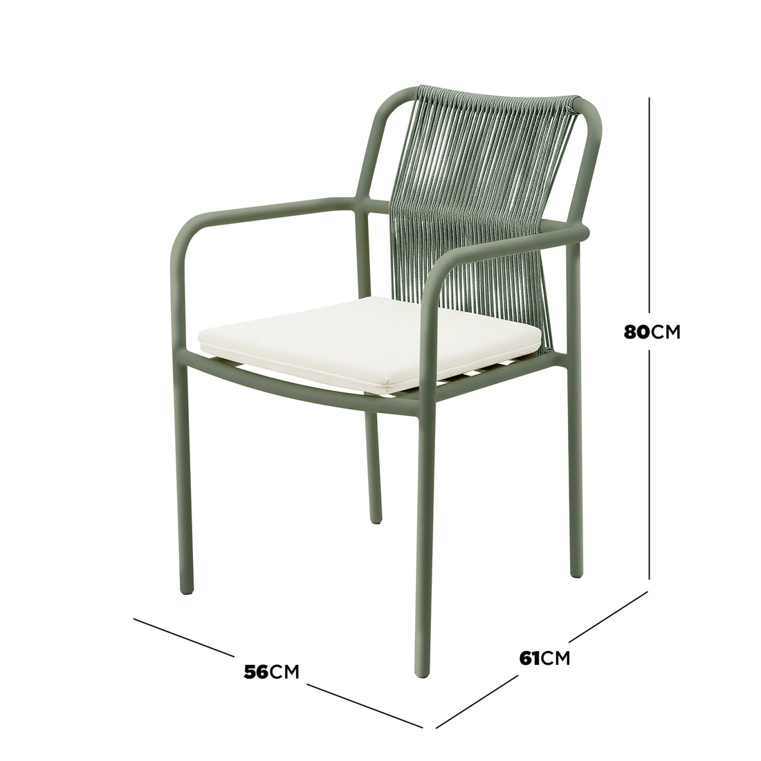 Evone 4 Seater Stone Outdoor Dining Table Set in Green: Features a muted green tubular metal frame chair with woven cord backrest and white cushion, accompanying a sleek stone tabletop for stylish, compact alfresco dining.