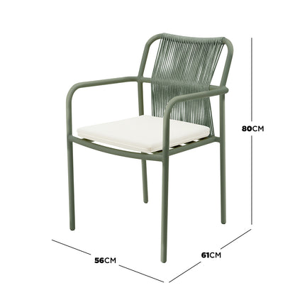 Evone 4 Seater Stone Outdoor Dining Table Set in Green: Features a muted green tubular metal frame chair with woven cord backrest and white cushion, accompanying a sleek stone tabletop for stylish, compact alfresco dining.