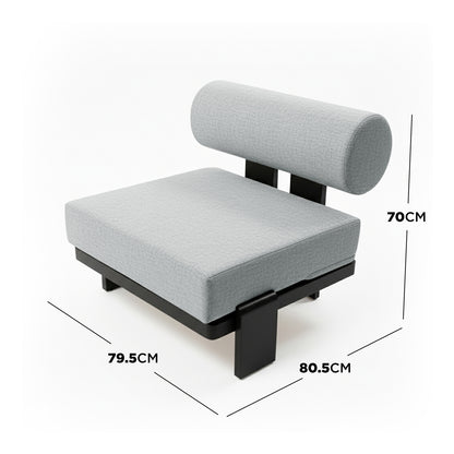Grey upholstered single-seat lounge chair with a black metal frame and bolster backrest, part of the Modica 5 Seater Aluminium Outdoor Sofa Set in Black & Grey. Measurements: 79.5 cm wide, 80.5 cm deep, 70 cm high.