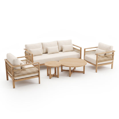 Furniture set with sofa, armchairs, coffee table, and nested side tables on a white background