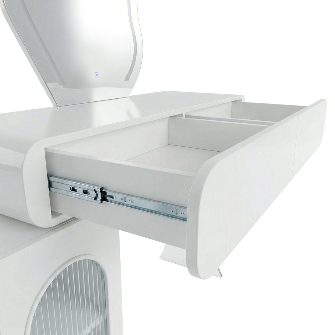 Detail of open drawer and sliding mechanism on white background