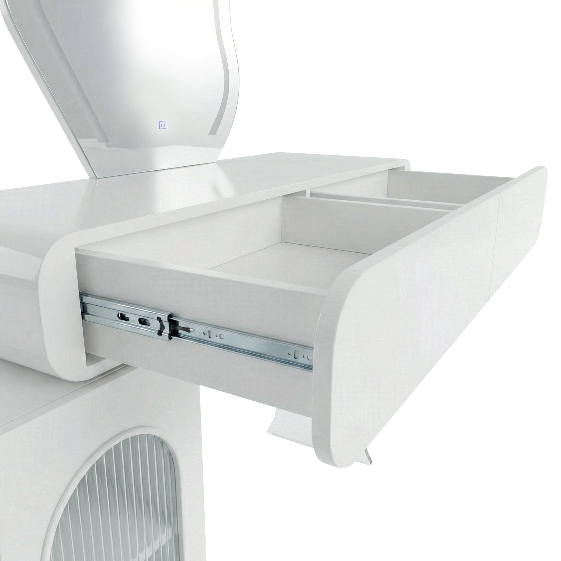 Detail of open drawer and sliding mechanism on white background