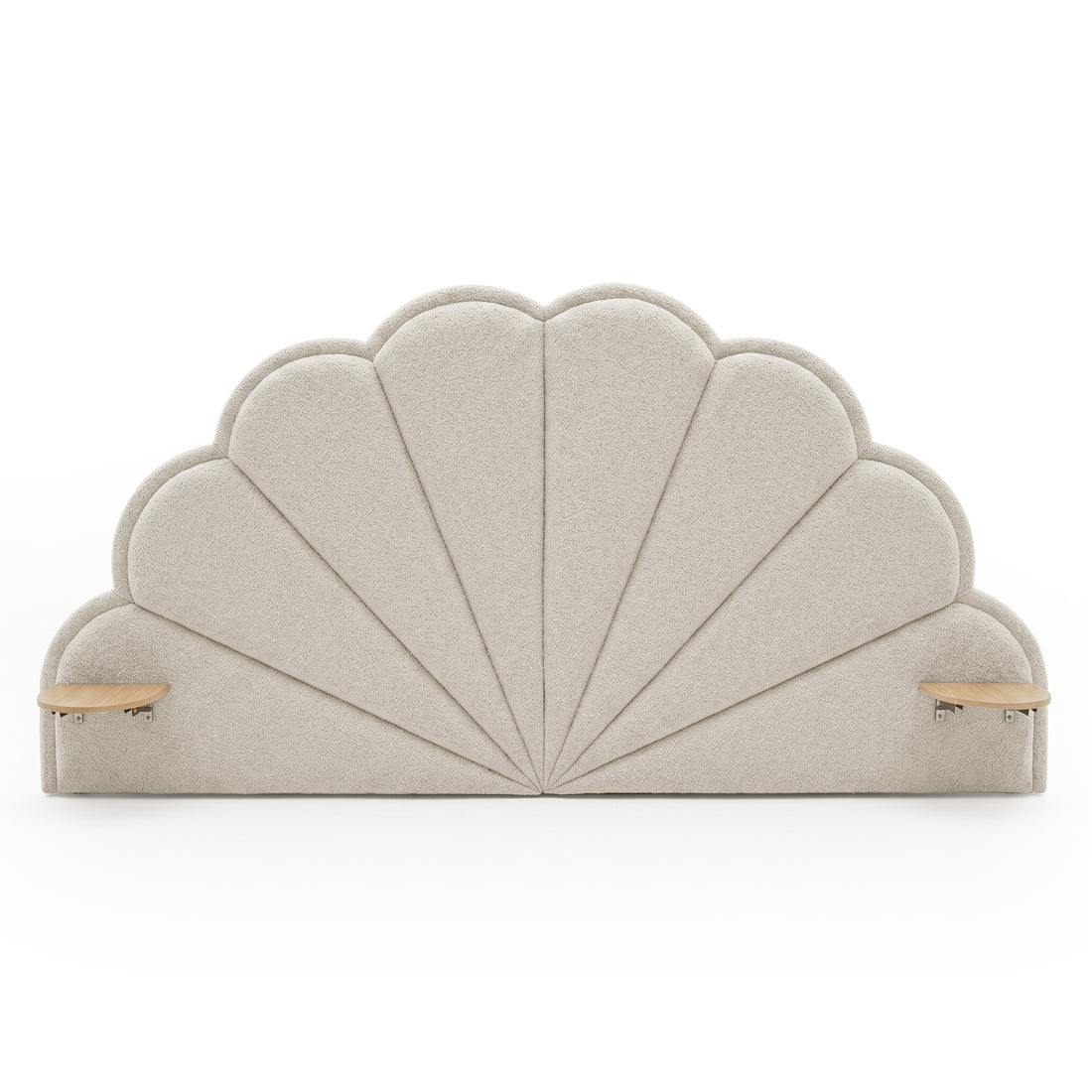 Full scalloped upholstered headboard with wood shelves on white background