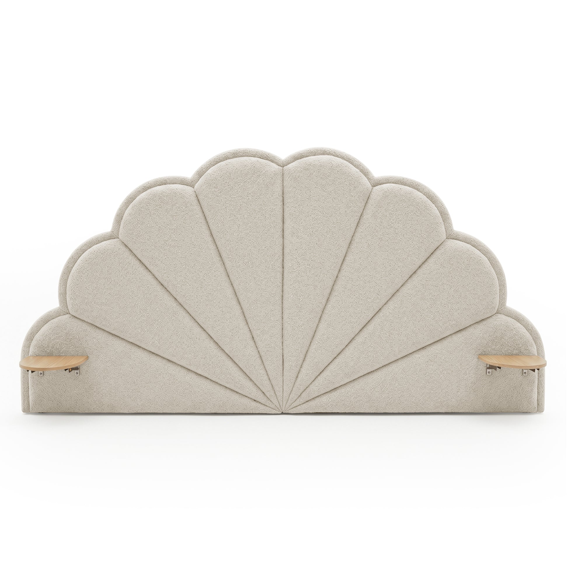 Full scalloped upholstered headboard with wood shelves on white background