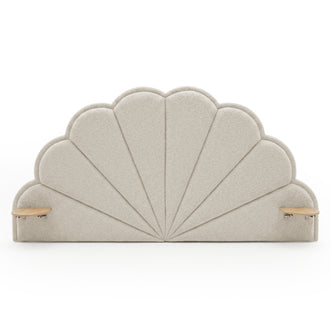 Full scalloped upholstered headboard with wood shelves on white background