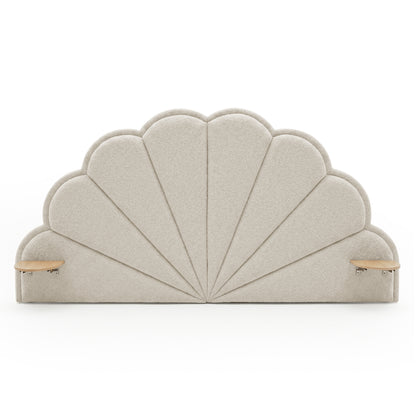Full scalloped upholstered headboard with wood shelves on white background