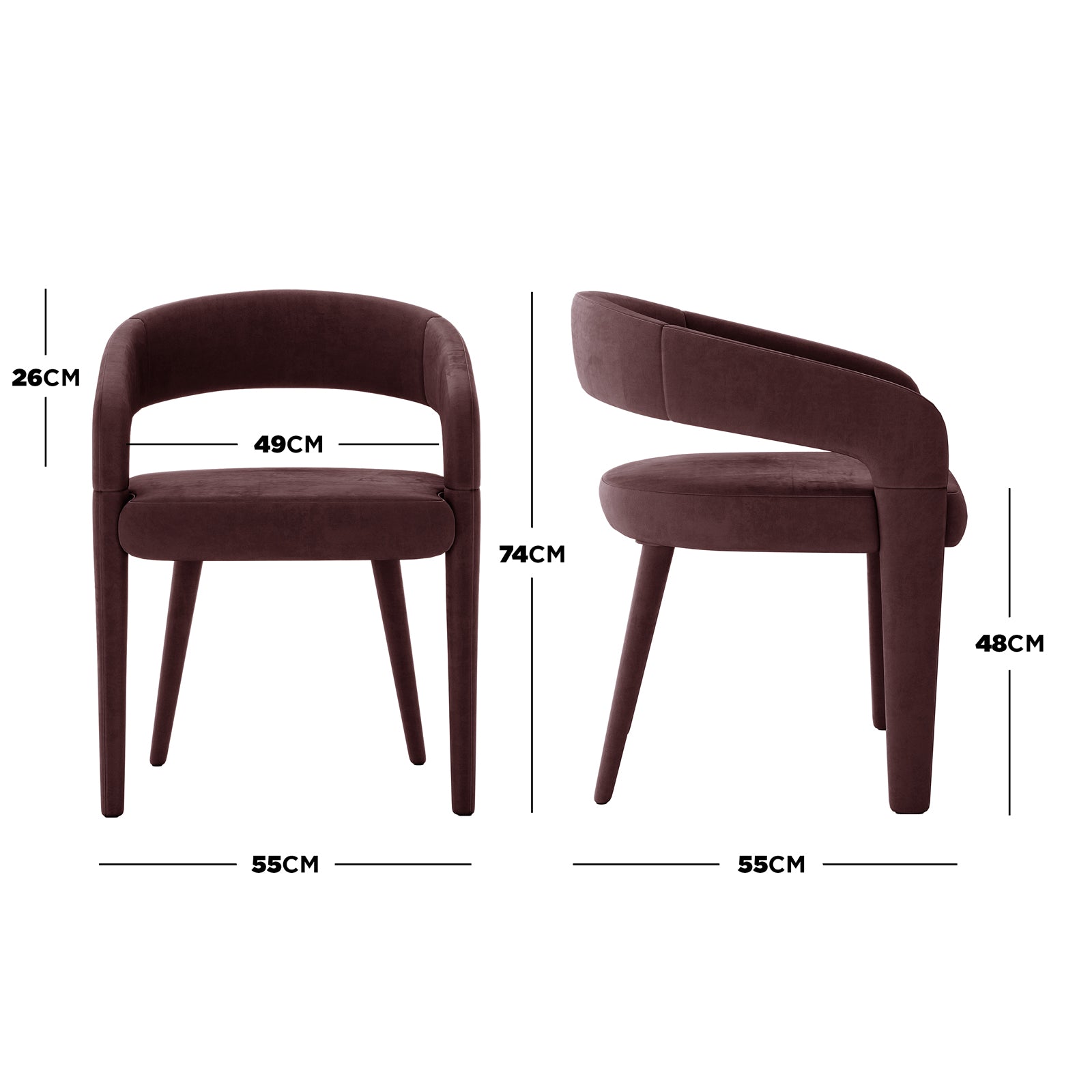 Eisha Velvet Dining Chair Set of 2 in Dark Plum, featuring a low-profile, curved-back design with plush velvet upholstery, supportive metal frame, and thick foam cushioning. Dimensions: W55 x D55 x H74 cm.