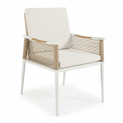 Casara 9 Piece Outdoor Dining Set in White and Beige, featuring a sleek metal frame, natural-tan rope accents, and cushioned seats, offering a stylish and comfortable alfresco dining experience.