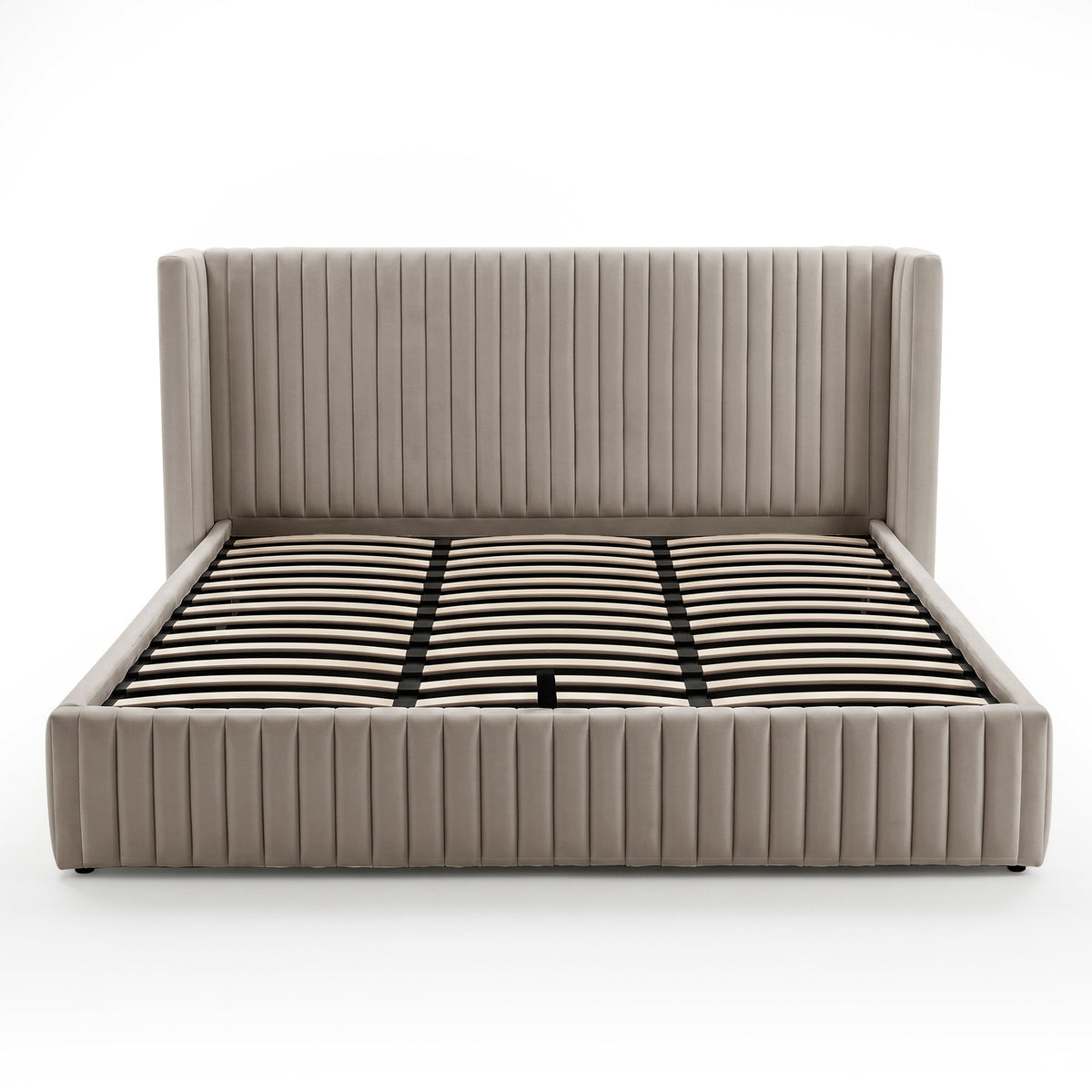 Front view of a complete taupe upholstered bed frame with wooden slats