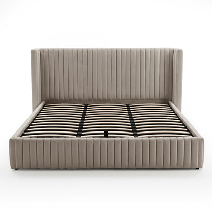 Front view of a complete taupe upholstered bed frame with wooden slats