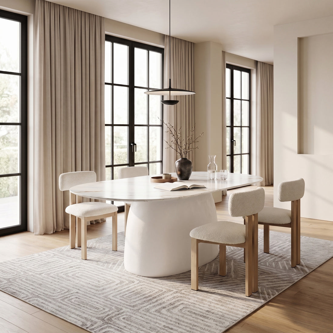 Modern oval dining table with six chairs in a stylish dining room