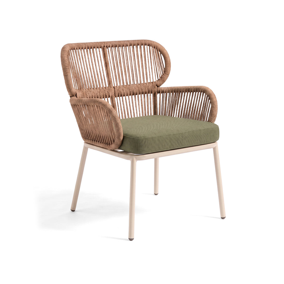 Modern chair with woven backrest and green cushion on a white background
