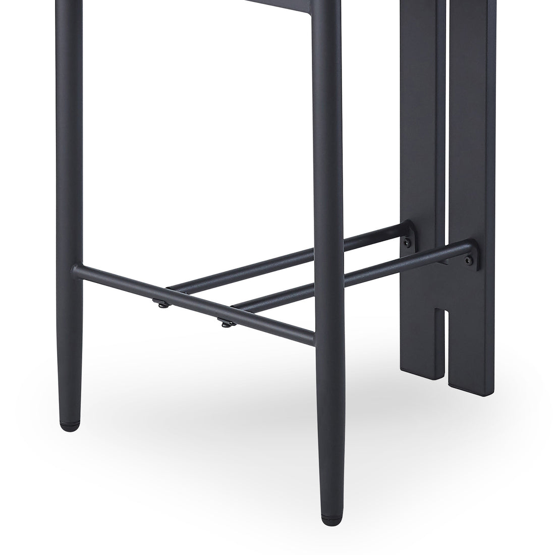 Close-up of the Haleo Curved Boucle Fabric Barstool Set of 2, showcasing two slender, round metal legs with horizontal cross bars, emphasizing the barstool's sleek, sturdy base design.