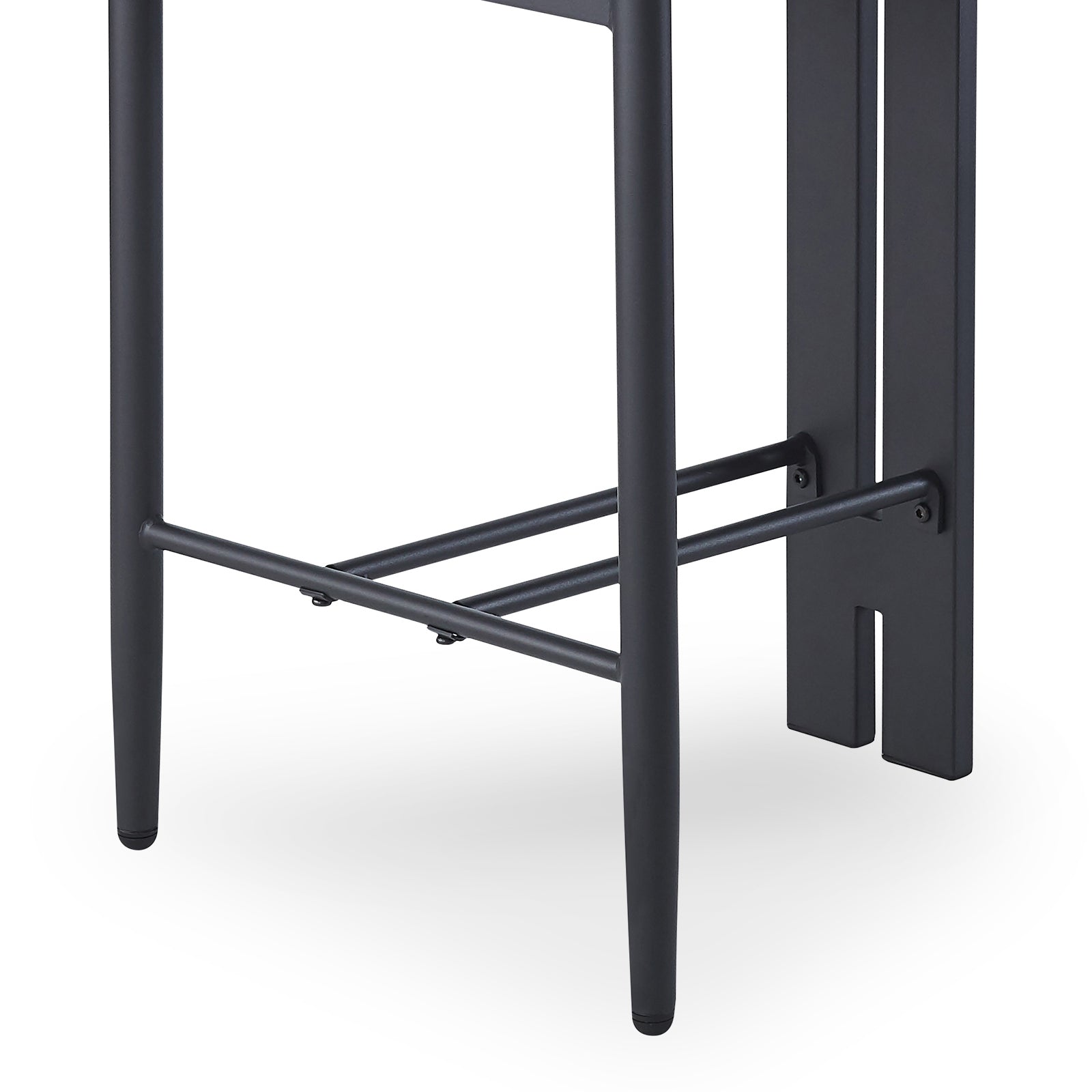 Close-up of the Haleo Curved Boucle Fabric Barstool Set of 2, showcasing two slender, round metal legs with horizontal cross bars, emphasizing the barstool's sleek, sturdy base design.