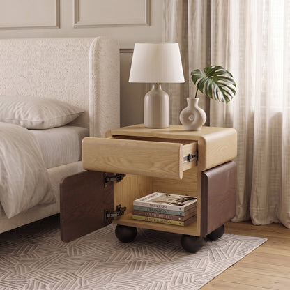 Modern wooden nightstand with open drawer and cabinet in a bedroom setting