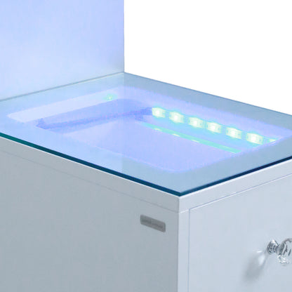 Close-up of top glass surface with blue LED illumination and crystal handle