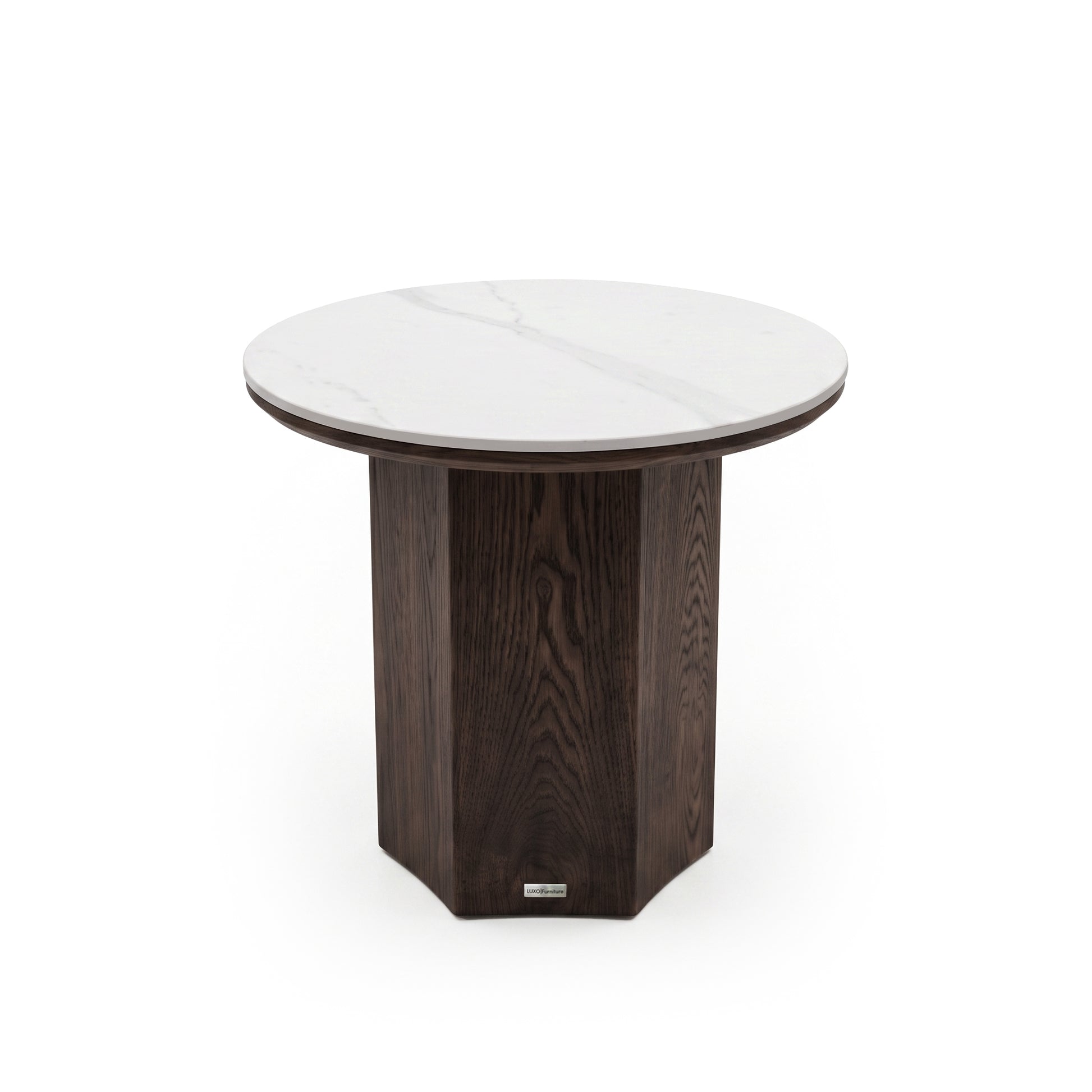 Round side table with white marble top and dark wood base on a white background