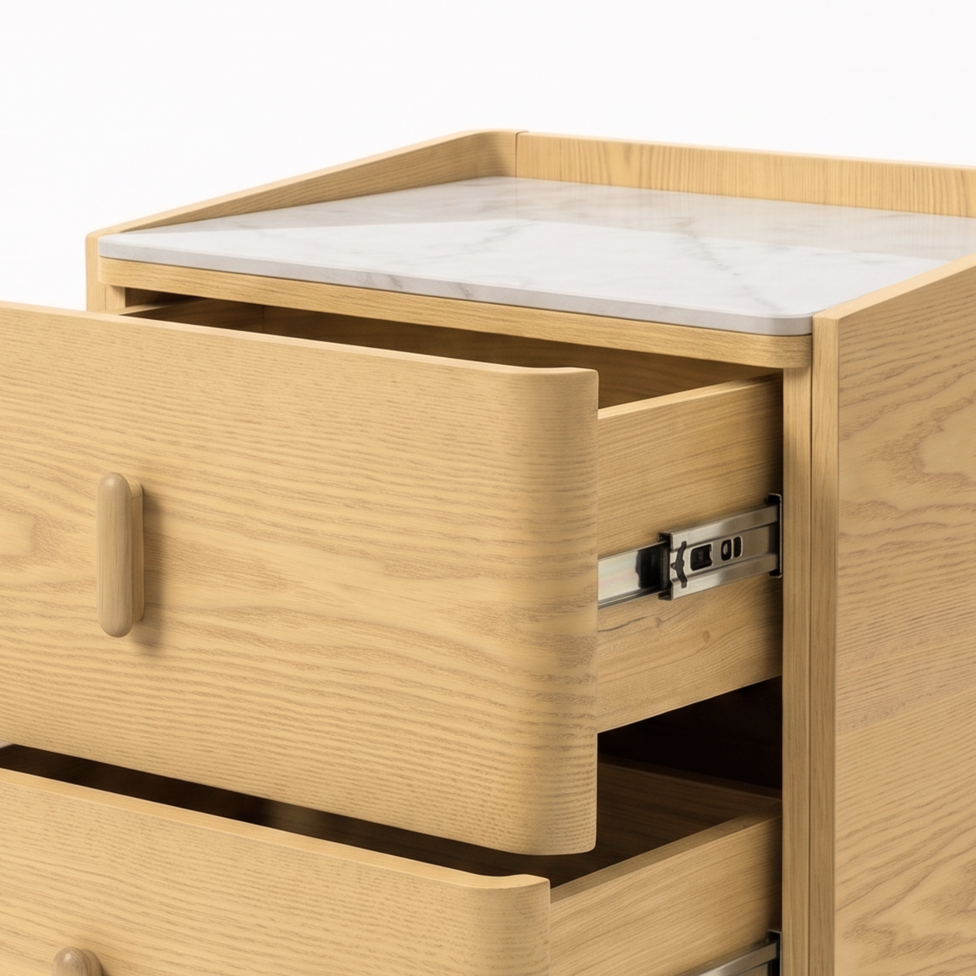 Close-up of a light wood nightstand with partially open drawers and a stone-look top on a white background