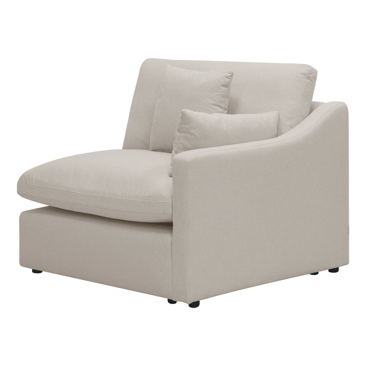 Light beige modular sofa chair with armrest and pillows on a white background
