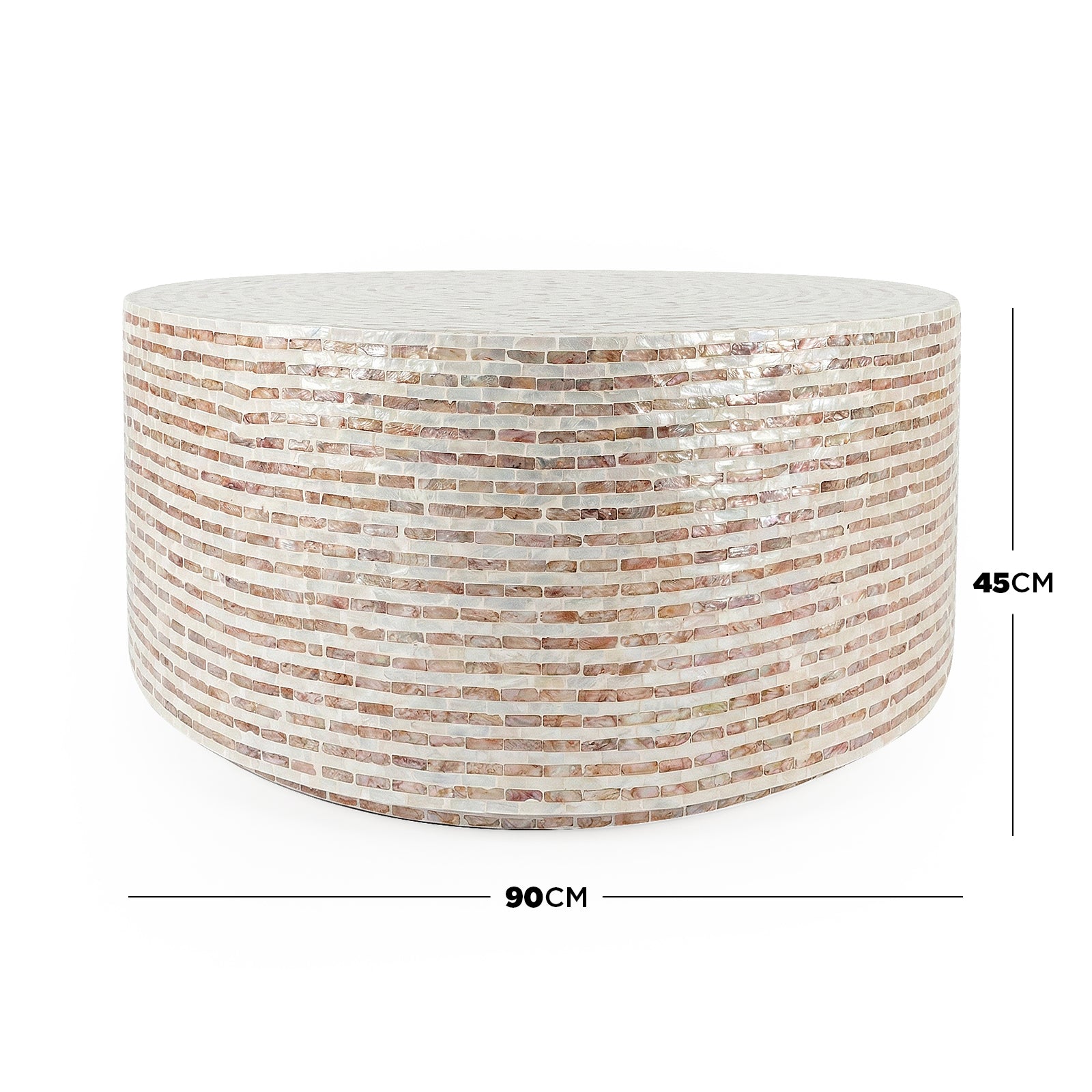 Round coffee table with dimensions overlay on white background