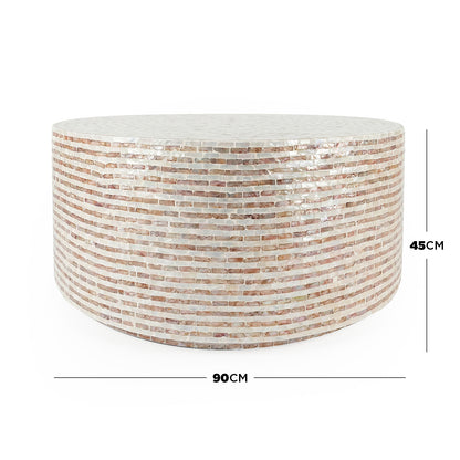 Round coffee table with dimensions overlay on white background