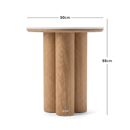 Round wooden side table with dimensions marked 50 cm wide and 55 cm high on a white background