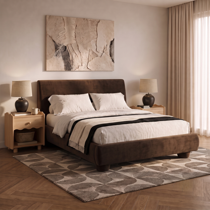 Upholstered bed styled in a modern bedroom with nightstands and lamps
